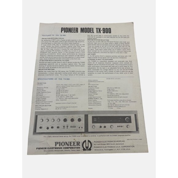 Vintage Pioneer Model TX-500 & TX-900 Hi-Fi Tuner Spec Sheets / Brochures 1970s - Picture 5 of 6